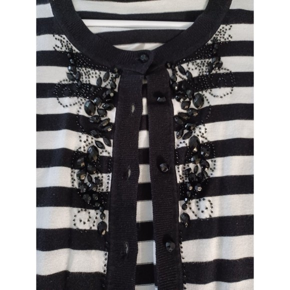 Talbots Women Sweater S Black White Striped Button Up Cardigan Embellished Beads - Picture 3 of 8